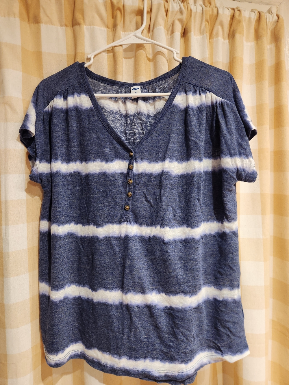 Old Navy Blue and White Striped Henley Tee